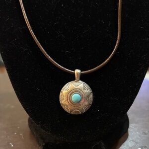 Turquoise Accent Round Pendant w/Brown Cord Necklace - Women's Jewelry